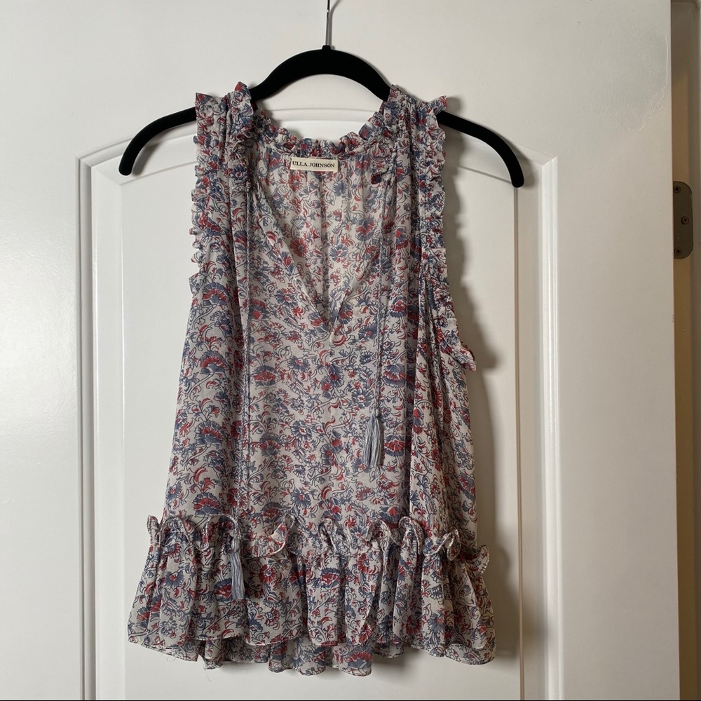 Ulla Johnson Silk Floral Sleeveless Ruffle Top